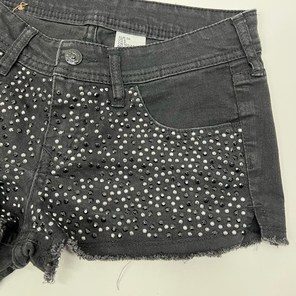 Black Denim Shorts Studded Detail Cutoff Raw Hem Summer Glam Rhinestone Beaded - Picture 17 of 17